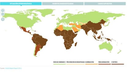 Mapa de la incidencia de la malaria en el mundo.