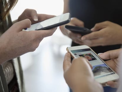 Un grupo de chicas usa sus teléfonos móviles. 