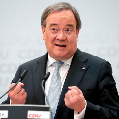 Armin Laschet, chairman of Germany's conservative Christian Democratic Union (CDU) party, addresses the media during a press conference at the party's headquarters in Berlin, Germany, on January 25, 2021. (Photo by Michael Sohn / POOL / AFP)