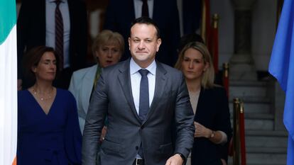 Irish Prime Minister Leo Varadkar, front, arrives for a statement in Dublin, Ireland, Wednesday, March 20, 2024.