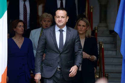 Irish Prime Minister Leo Varadkar, front, arrives for a statement in Dublin, Ireland, Wednesday, March 20, 2024.
