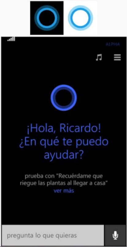 Interface gráfica de Cortana em sua versão móvel.