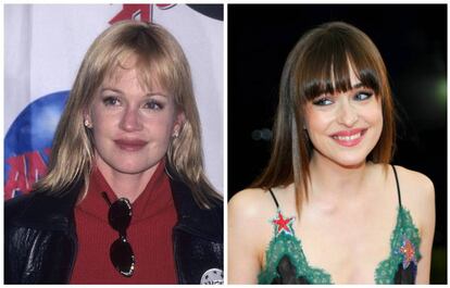 <strong>Melanie Griffith e Dakota Johnson. </strong> A jovem atriz de 26 anos herdou os dotes interpretativos familiares e alcançou a fama colocando-se na pele de Anastasia Steele na adaptação cinematográfica do romance ‘Cinquenta Tons de Cinza”. Mas a filha de Melanie e Don Johnson já havia feito alguns papéis secundários no cinema, incluindo 'Loucos do Alabama', protagonizada por sua mãe e dirigido por seu ex-padrasto Antonio Banderas. Nessa idade, Melanie (59 anos), já havia atuado em diferentes filmes e séries. Em 1988, quando contava 30 anos, conseguiu seu primeiro e único Globo de Ouro por 'Uma Secretária de Futuro', filme em que trabalhou com Sigourney Weaver e Harrison Ford.