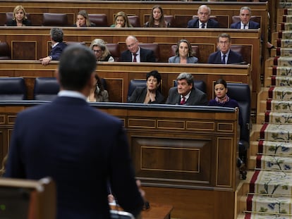 El presidente del Gobierno, Pedro Sánchez (de espaldas), interviene este miércoles en el Congreso ante el líder del PP, Alberto Núñez Feijóo.