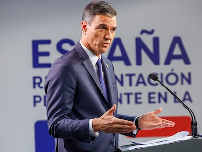 Pedro Sánchez, durante su comparecencia en Bruselas.