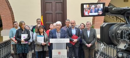 Manel Balcells i Díaz, durant l'atenció als mitjans de comunicació a la seu del Departament.