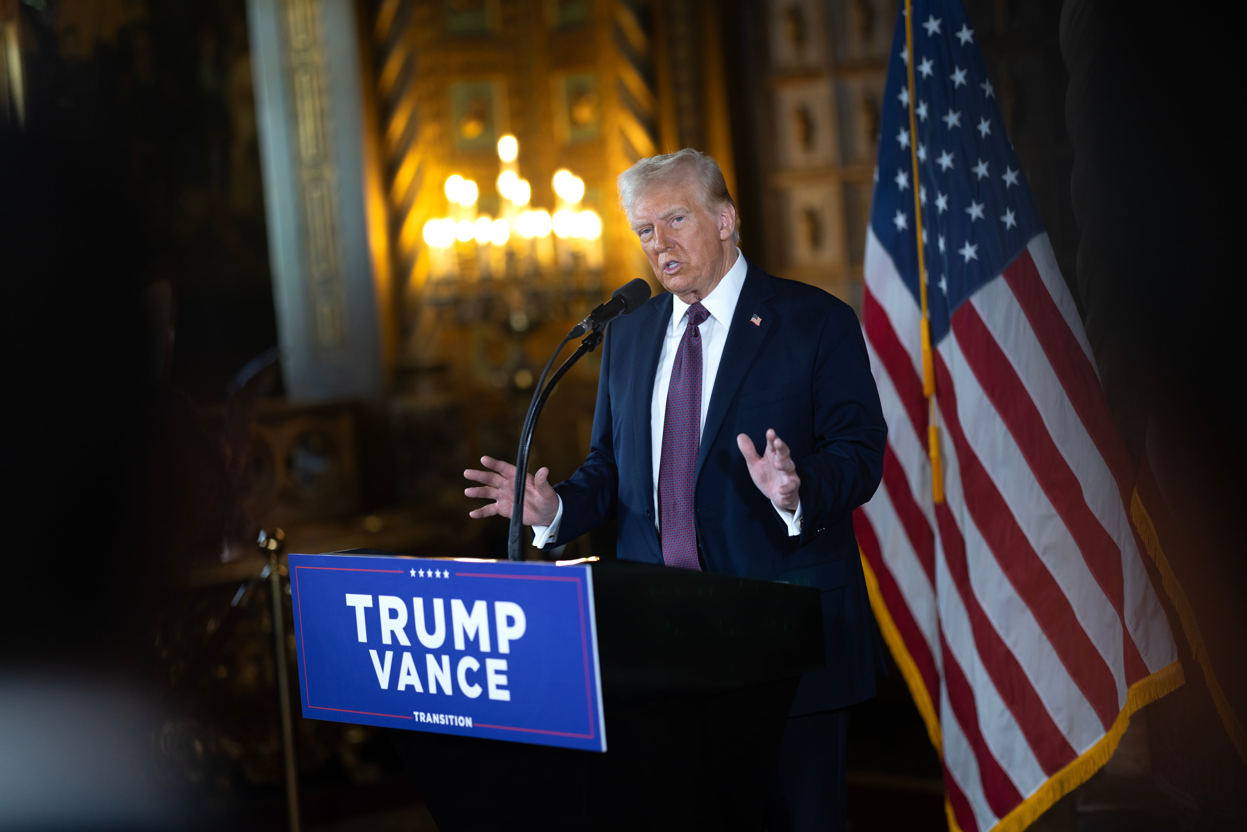 PALM BEACH, FLORIDA - JANUARY 07:  U.S. President-elect Donald Trump speaks to members of the media during a press conference at the Mar-a-Lago Club on January 07, 2025 in Palm Beach, Florida. Trump will be sworn in as the 47th president of the United Sta