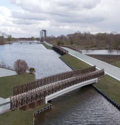 Uno de los puentes que actúan como reservorios de agua de lluvia construido para la feria Floriade 2022.