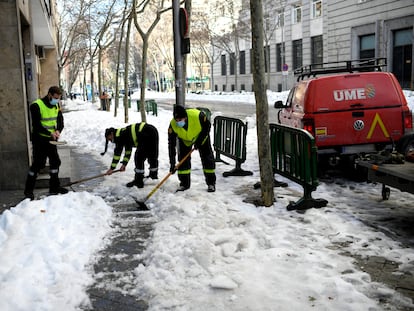 Varios militares colaboran en la limpieza de las inmediaciones del Ministerio de Defensa, en el paseo de la Castellana.