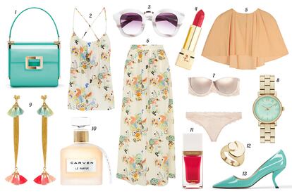 1. Roger Vivier Bolso de charol con detalles dorados. 2. Paul & Joe Top con print de flores y tirantes cruzados. 3. Asos Gafas de sol con montura de pasta. 4. Yves Saint Laurent Barra de labios “Rouge Pur”. 5. Dolores Promesas Resort Capelina con pinzas. 6. Paul & Joe Falda larga con print de flores. 7. Stella McCartney Conjunto de lencería de satén y encaje. 8. Marc by Marc Jacobs Reloj dorado con esfera verde agua. 9. Malababa Pendientes con borlas de flecos. 10. Carven Eau de parfum “Le Parfum”. 11. Tom Ford Laca de uñas “Spring 2014”. 12. H&M Anillo dorado. 13. Roger Vivier Salón de charol con tacón inclinado.