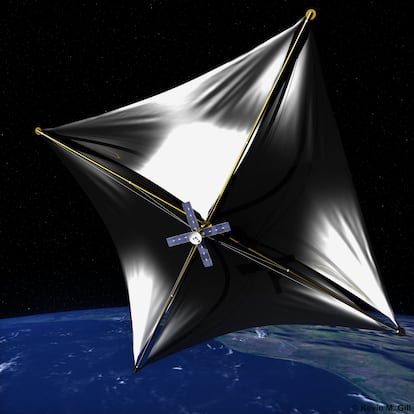 Recreation of what a sail-powered nanoship from the Breakthrough Starshot project would look like.