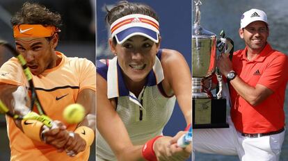 De izquierda a derecha, Rafa Nadal, Garbi&ntilde;e Muguruza y Sergio Garc&iacute;a.