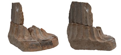 Reconstrucción de la columna de mármol de origen griego en el yacimiento del Turuñuelo de Guareña, en Badajoz.