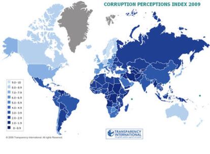 Mapa de la percepción de la corrupción en los Estados del mundo elaborado por Transparencia Internacional.