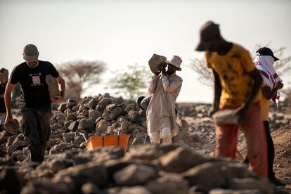 Parte del equipo cubre la excavación para continuar con ella en la próxima campaña. En la fotografía, Jorge De Torres, coordinador del proyecto, junto a Abdo, uno de los trabajadores yibutíes, transportan piedras para rellenarlas posteriormente con arena.