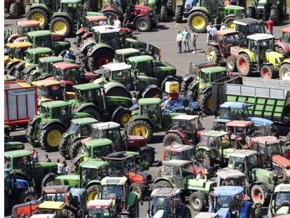  Centenares de tractores durante la conentraci&oacute;n y posterior marcha por la ciudad, de ganaderos convocados por los principales sinicatos agrarios para protestar por la situaci&oacute;n que vive el sector por los bajos precios de la leche, esta ma&ntilde;ana en Santiago de Compostela.