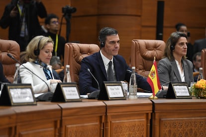 Pedro Sánchez durante la 12ª Reunión de Alto Nivel entre España y Marruecos, en Rabat, este jueves.