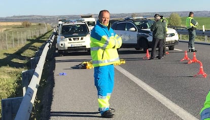 The victim's body lying on the A-3 road on Monday.