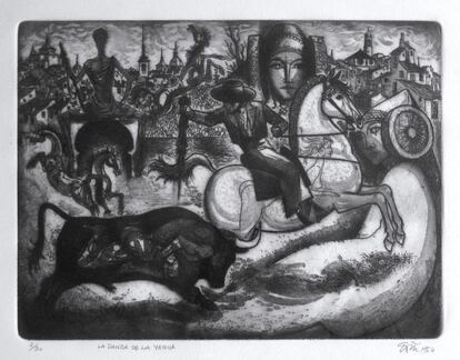 'La danza de la yegua. Tauromaquia onírica' de Lorenzo Goñi (1964). Aguafuerte/ aguatinta 25 x 32 cm.
