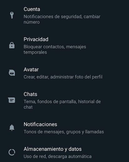 Cuenta ajustes WhatsApp