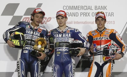 Rossi, Lorenzo y Marquez en el podio.