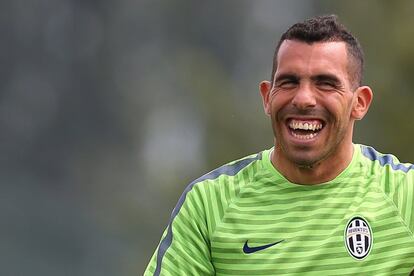 Carlos Tévez durante uno de los entrenamientos preparatorios en Turín para el partido ante el Madrid.