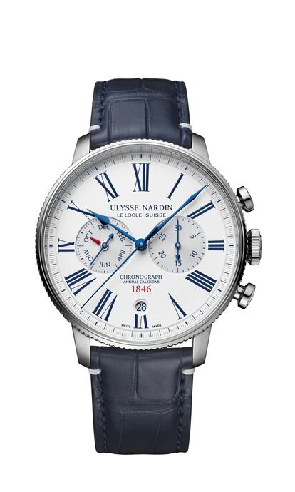 El modelo Ulysse Nardin Marine Torpilleur Cronógrafo fue producido por primera vez en 1936, cuando daban la hora con un precisión de hasta una décima de segundo. Esa exactitud revolucionó el cronometraje y fue utilizado en los Juegos Olímpicos de Berlín. La versión de 2021 incluye una esfera barnizada en blanco o azul mate, y el movimiento de manufactura UN-153. Incorpora también un calendario anual ubicado a las 9 horas. Todos los ajustes pueden realizarse en ambos sentidos por medio de la corona. Precio: 10.600 euros.