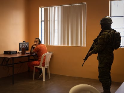 A prisoner attends a virtual hearing at Ecuador’s Cotopaxi prison on February 22, 2024.