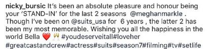 El mensaje de la actriz Nicky Bursic a Meghan Markle en su cuenta de Instagram, que ya est&aacute; cerrada al p&uacute;blico.