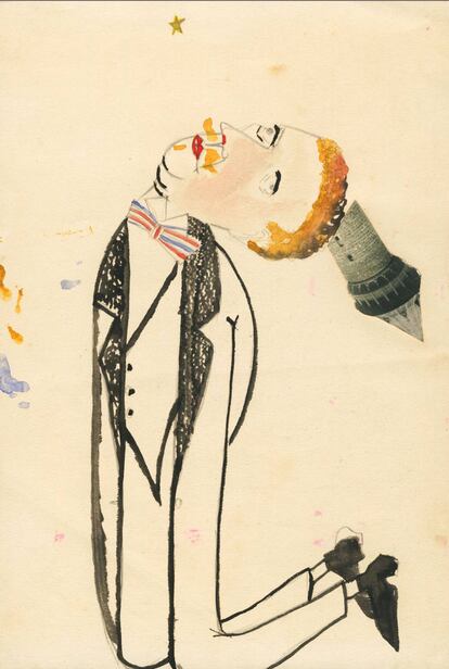 'Hombre arrodillado (con torre)', 1920. Tinta china, acuarela y 'collage' sobre papel.