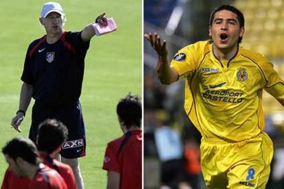 Bianchi, en un entrenamiento del Atlético; a la derecha, Riquelme celebra un gol con el Villarreal.