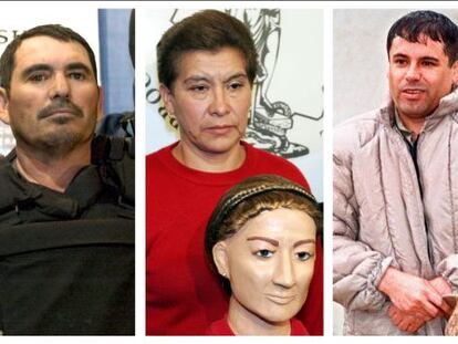De izquierda a derecha, tres rostros del crimen en México: el Pozolero, un sicario que deshacía cuerpos en ácido; la Mataviejitas, una asesina en serie de ancianas, y el Chapo Guzmán, el narcotraficante más renombrado del mundo.