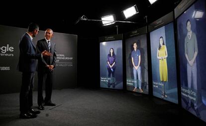 El presidente de EE UU, Barack Obama, y el presidente de Google, Sundar Pichai, durante una conversación virtual con emprendedores, el pasado 24 de junio.