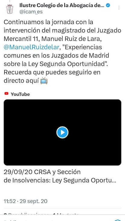 Mensaje del Colegio d e la Abogacía de Madrid en el que cita a Ruiz de Lara por su perfil en Twitter @ManuelRuizdelar.