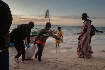 Pescadores descargan pescado de un barco en el puerto de Nuakchot, Mauritania el 10 de diciembre de 2024.