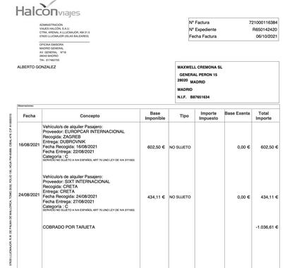 Factura del alquiler de dos vehículos, en Zagreb y Creta, en agosto de 2021, a nombre de la empresa de González Amador, Maxwell Cremona. El documento consta en el sumario judicial.