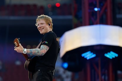 El músico británico Ed Sheeran durante el concierto del viernes en el estadio Metropolitano, en Madrid. 