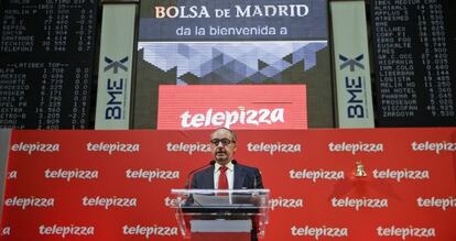 El presidente de Telepizza, Pablo Juantegui, durante su estreno en la Bolsa de Madrid.