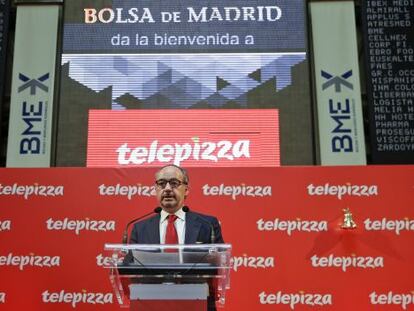 El presidente de Telepizza, Pablo Juantegui, durante su estreno en la Bolsa de Madrid.