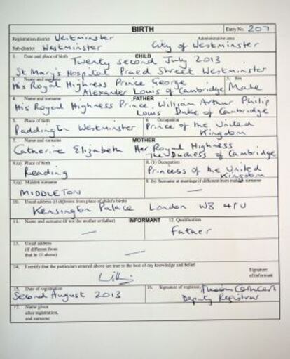 La hoja de inscripción en el Registro Civil de Su Alteza Real Príncipe Jorge Alejandro de Cambridge.