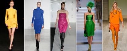 Desde la izquierda, el imperio de los colores planos entendido por los diseñadores Miriam Ocáriz, Jil Sander, Amaya Arzuaga, John Galliano para Dior y Emilio Pucci.