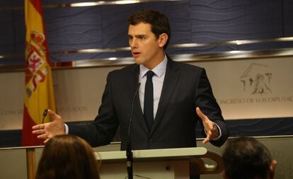 Albert Rivera, en la rueda de prensa de este jueves en el Congreso.