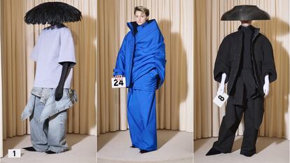 Tres de las propuestas de Demna para la nueva colección de alta costura de Balenciaga, presentada en la semana de la moda de París el 26 de junio de 2024.