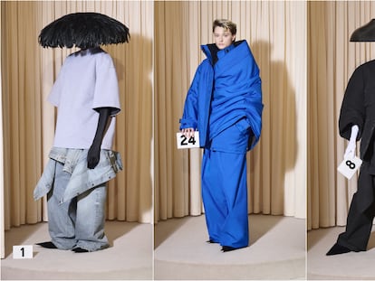 Tres de las propuestas de Demna para la nueva colección de alta costura de Balenciaga, presentada en la semana de la moda de París el 26 de junio de 2024.