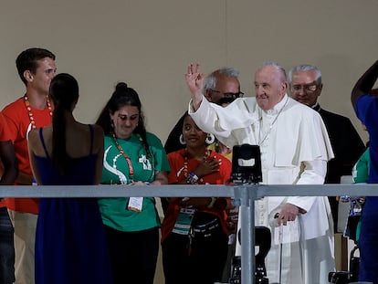 Pope Francis attends a vigil with young people at Parque Tejo during his apostolic journey to Portugal on the occasion of the XXXVII World Youth Day, in Lisbon, Portugal, August 5, 2023. ANTONIO PEDRO SANTOS/Pool via REUTERS