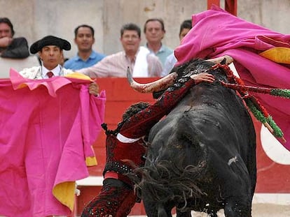 Cogida de Matías Tejela el pasado sábado en la plaza de Nimes.