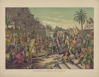 "Llegada de Hernán Cortés a México". Cromolitografía impresa por la editorial Kurz and Allison de Chicago y fechada a finales del siglo XIX