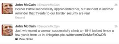 Los tuits de McCain en los que narra la detención de una mujer que trató de cruzar la frontera de manera ilegal.