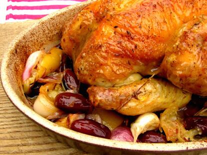 Pollo asado con dátiles, almendras y limón confitado