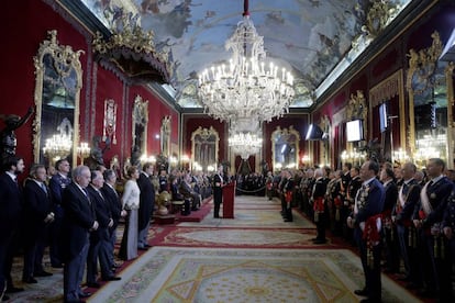Vista general del Salón del Trono del Palacio Real, durante el discurso del Rey Felipe VI, en la celebración hoy de la Pascua Militar que es el primero de los actos con los que se va a homenajear a los Reyes , Juan Carlos y Sofía.